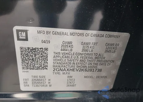 2019 Chevrolet Equinox Ls из США, поврежденный, VIN 2GNAXHEV2K6281738